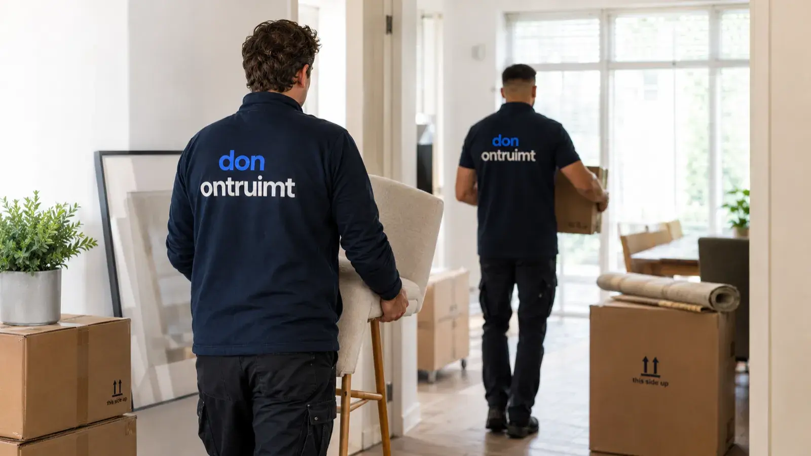 Medewerkers van Don Ontruimt die zorgvuldig een stoel en dozen uit een woning verwijderen