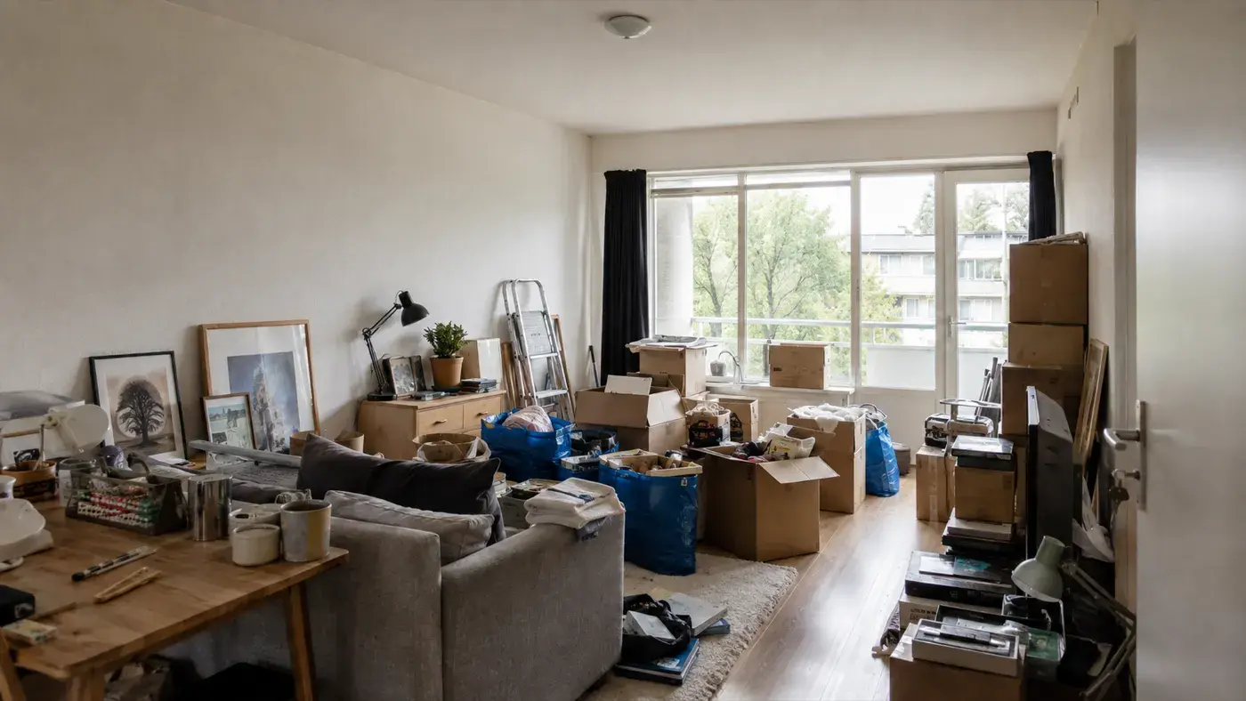 Woonkamer vóór de ontruiming, met meubels, dozen en inboedel