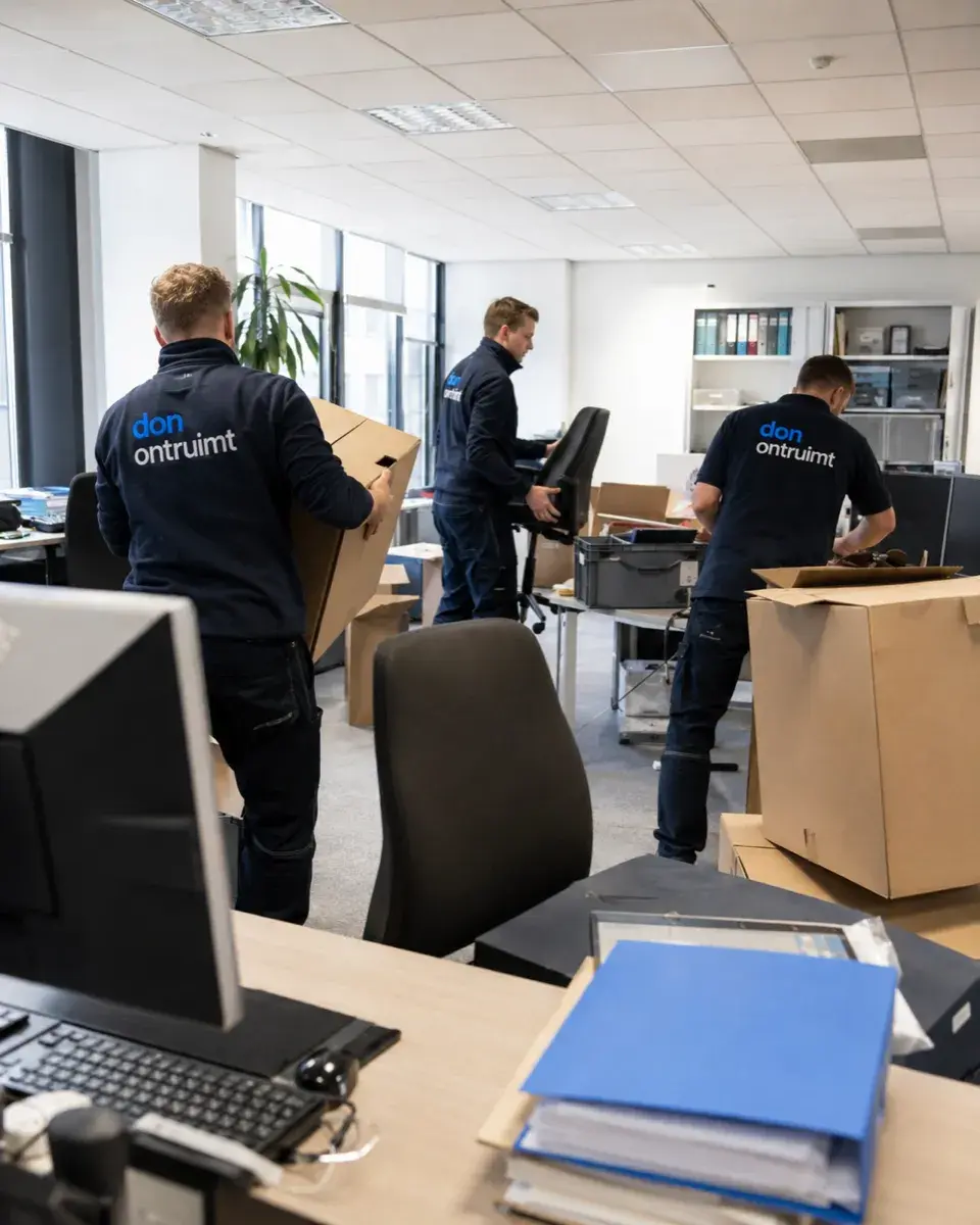 Medewerkers van Don Ontruimt tijdens het zorgvuldig leeghalen van een kantoorruimte